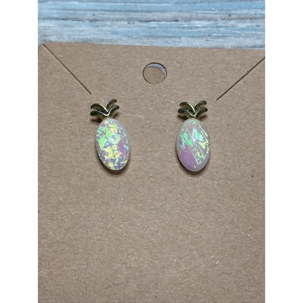 Opal Acrylic Pineapple Stud Post‎ Earrings NWOT gold Tone